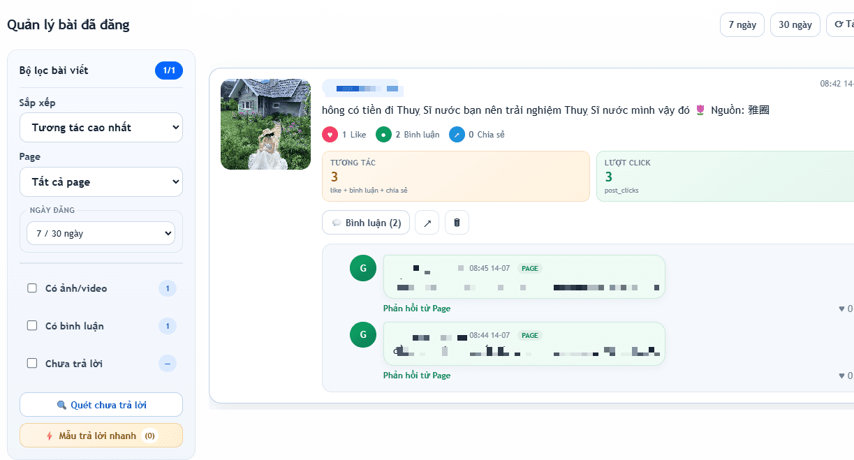 Màn hình quản lý bài đã đăng và bình luận Fanpage của app Trendiora