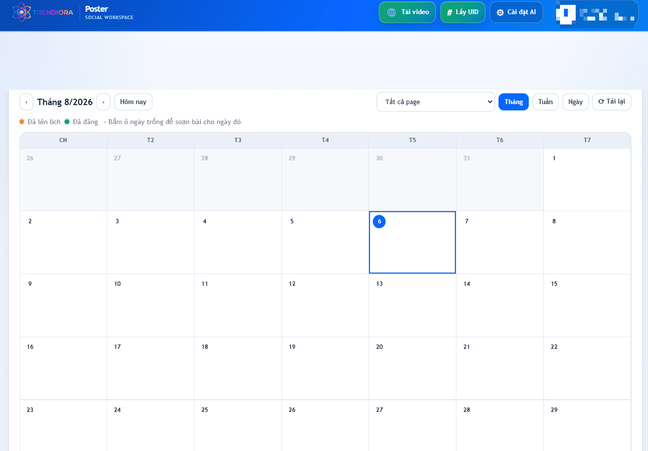 Màn hình quản lý lịch đăng Fanpage của app Trendiora
